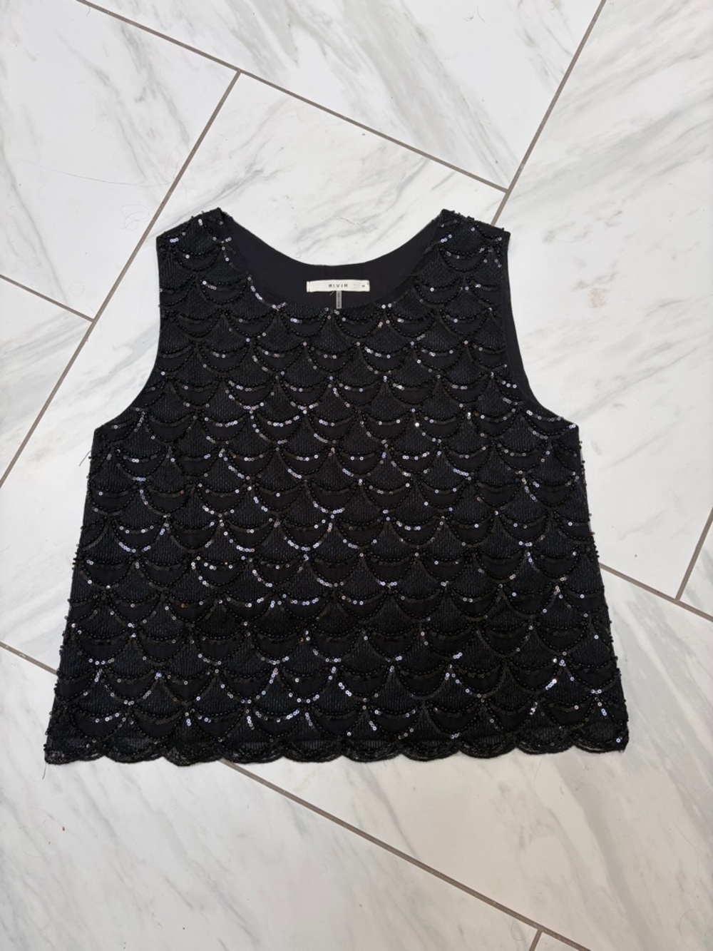 Black Sequin Scallop Tank Top